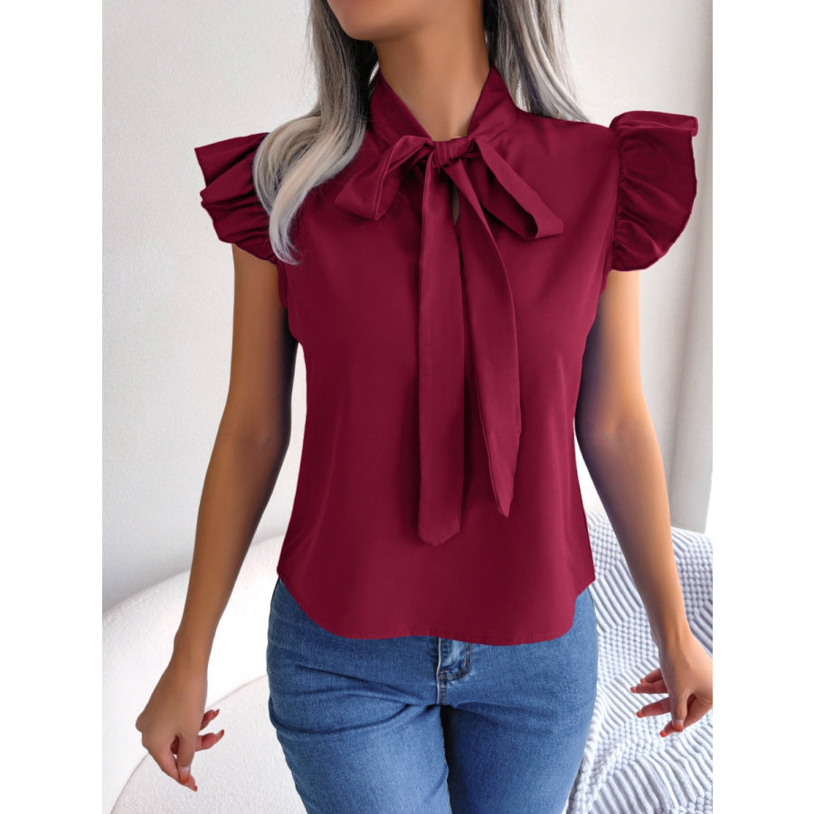 Tie Neck Cap Sleeve Blouse Wine / S Apparel and Accessories