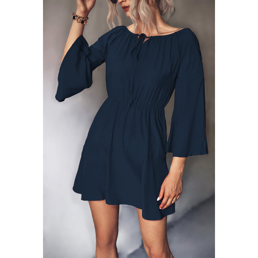 Tie Neck Flare Sleeve Mini Dress Dark Navy / S