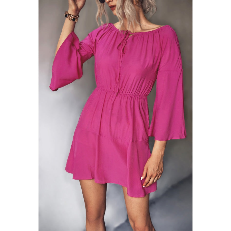 Tie Neck Flare Sleeve Mini Dress Hot Pink / S