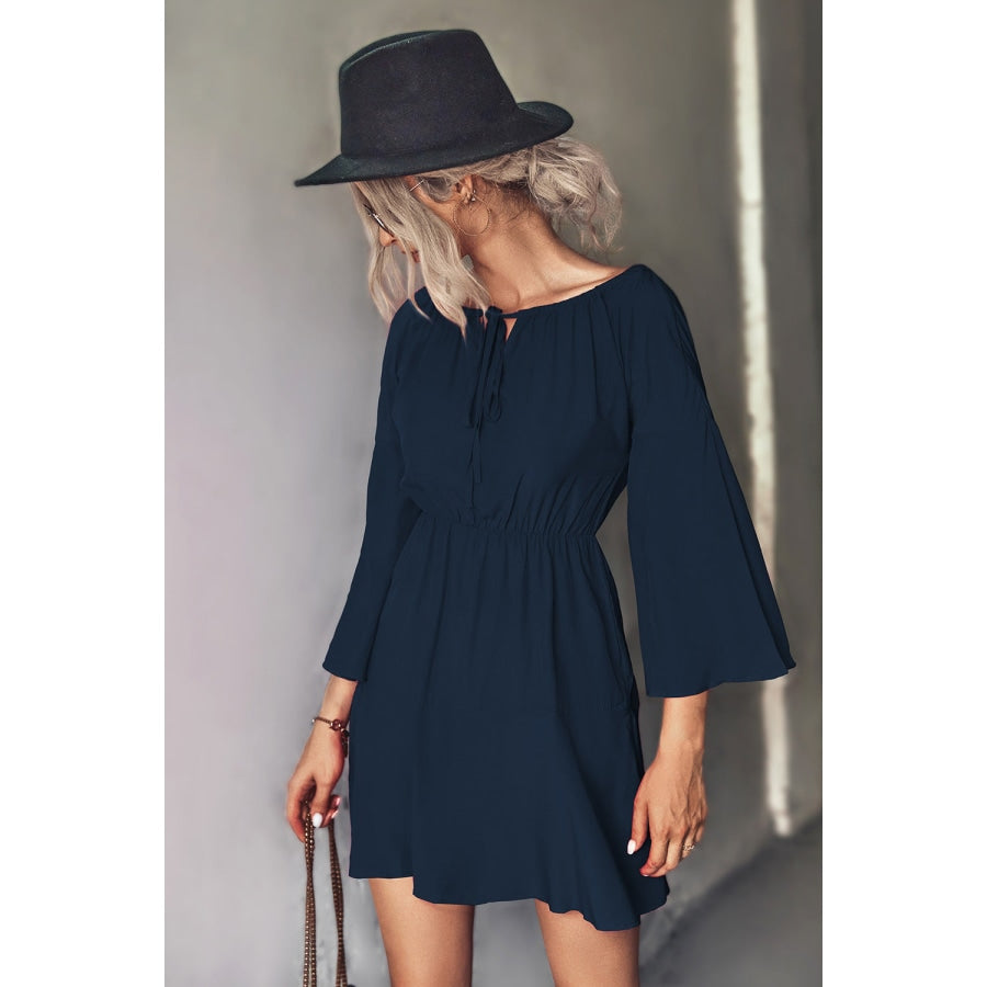 Tie Neck Flare Sleeve Mini Dress