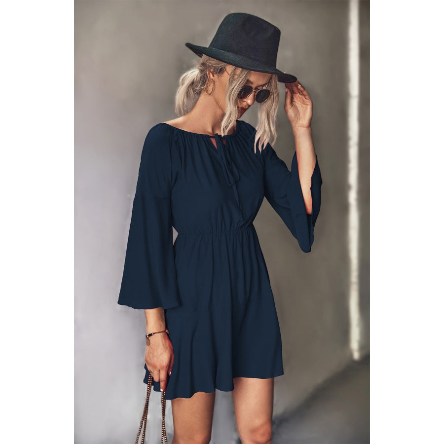 Tie Neck Flare Sleeve Mini Dress