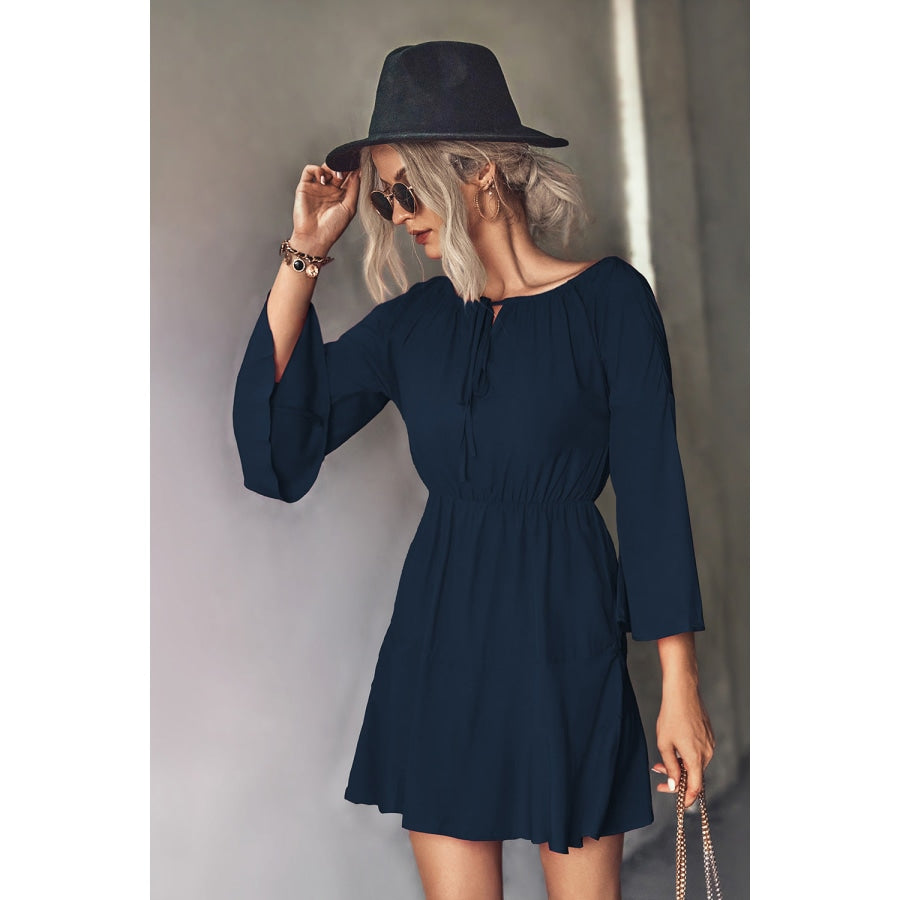 Tie Neck Flare Sleeve Mini Dress