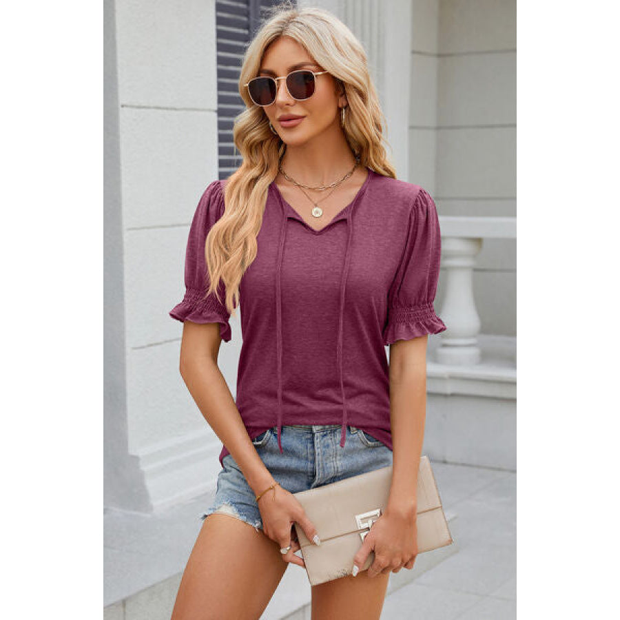 Tie Neck Flounce Sleeve Blouse Apparel and Accessories