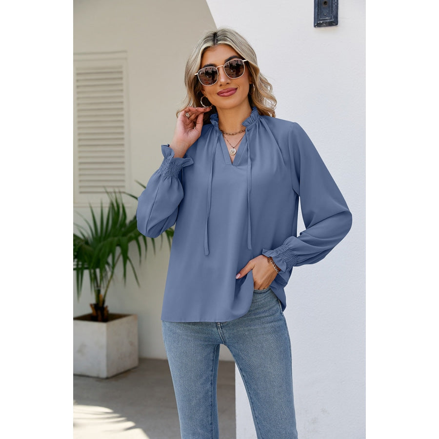 Tie Neck Flounce Sleeve Blouse Dusty Blue / S