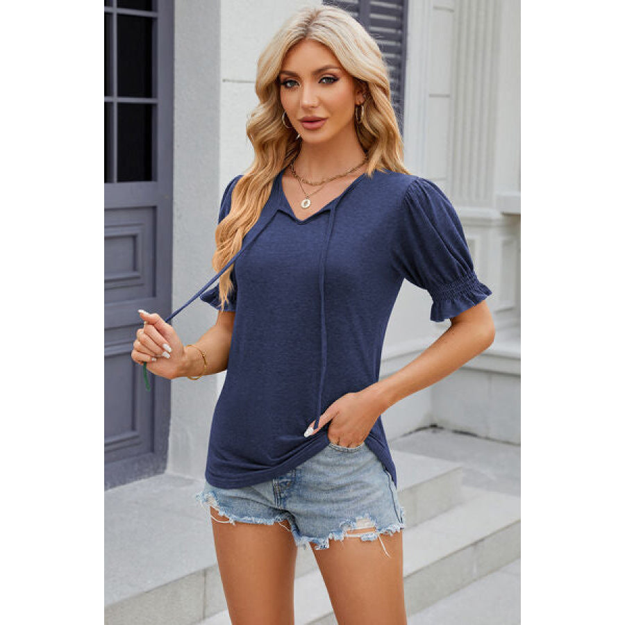 Tie Neck Flounce Sleeve Blouse Navy / S Apparel and Accessories