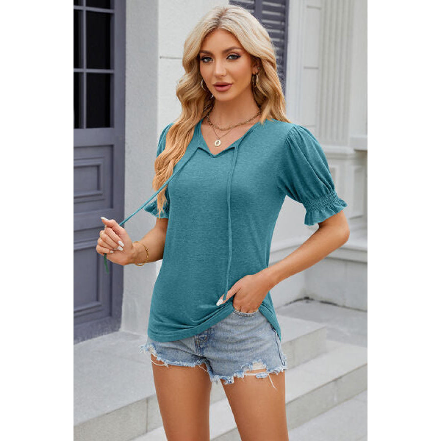 Tie Neck Flounce Sleeve Blouse Teal / S Apparel and Accessories