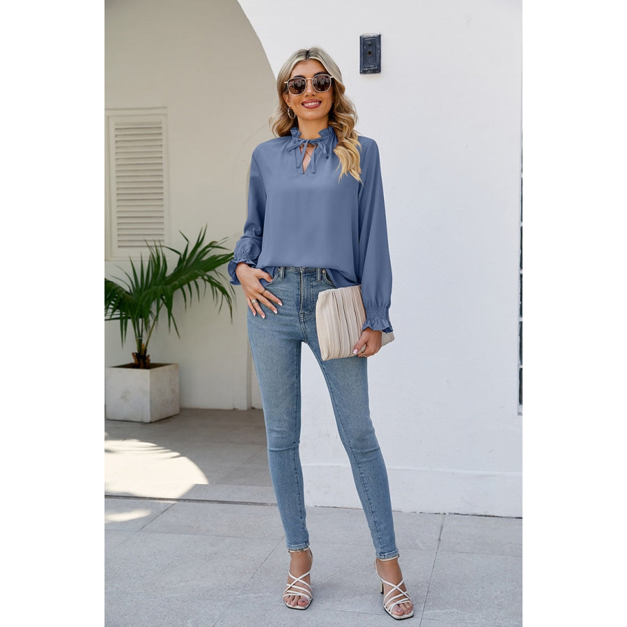 Tie Neck Flounce Sleeve Blouse