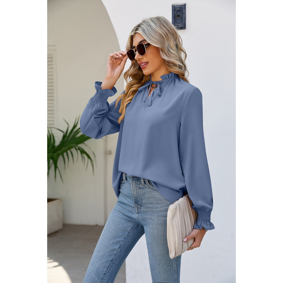 Tie Neck Flounce Sleeve Blouse