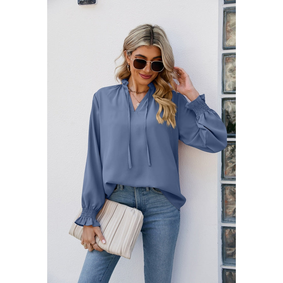 Tie Neck Flounce Sleeve Blouse