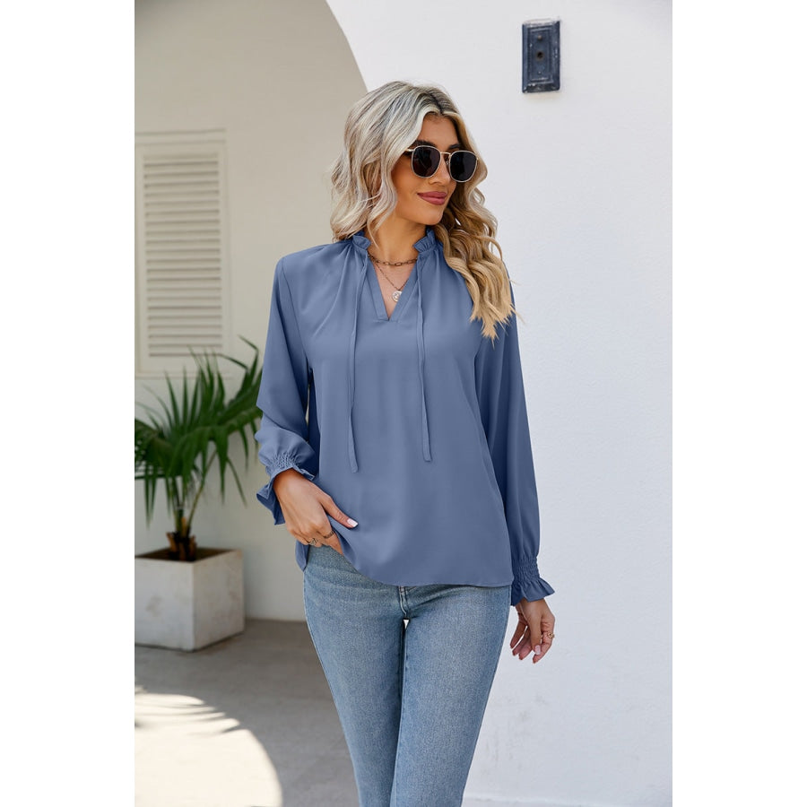 Tie Neck Flounce Sleeve Blouse