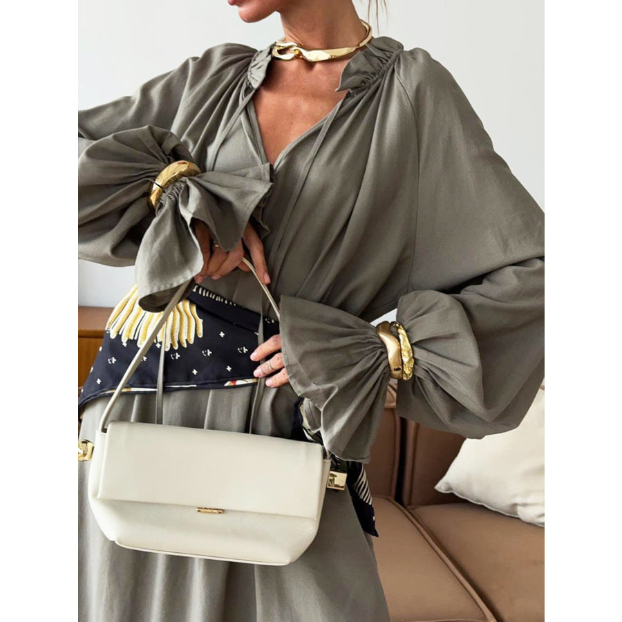 Tie Neck Flounce Sleeve Maxi Dress Apparel and Accessories