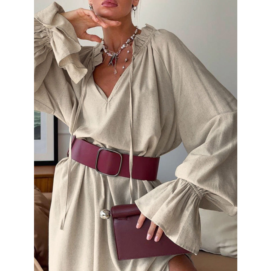 Tie Neck Flounce Sleeve Maxi Dress Apparel and Accessories