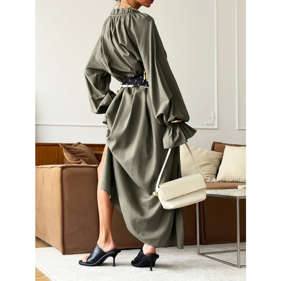 Tie Neck Flounce Sleeve Maxi Dress Apparel and Accessories