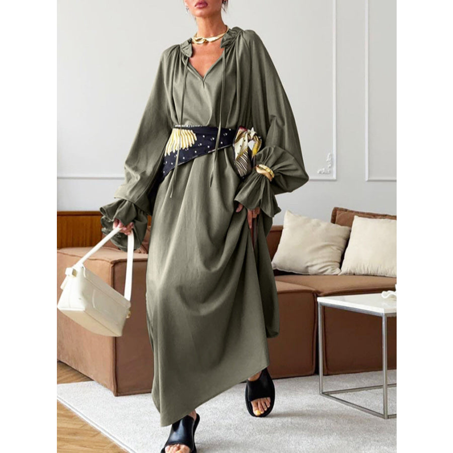Tie Neck Flounce Sleeve Maxi Dress Army Green / S Apparel and Accessories