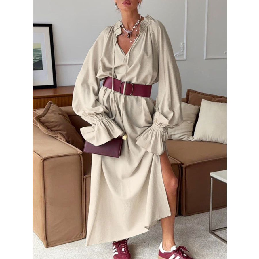 Tie Neck Flounce Sleeve Maxi Dress Beige / S Apparel and Accessories