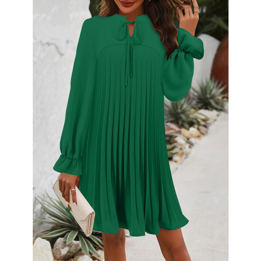 Tie Neck Flounce Sleeve Mini Dress Dark Green / S Apparel and Accessories