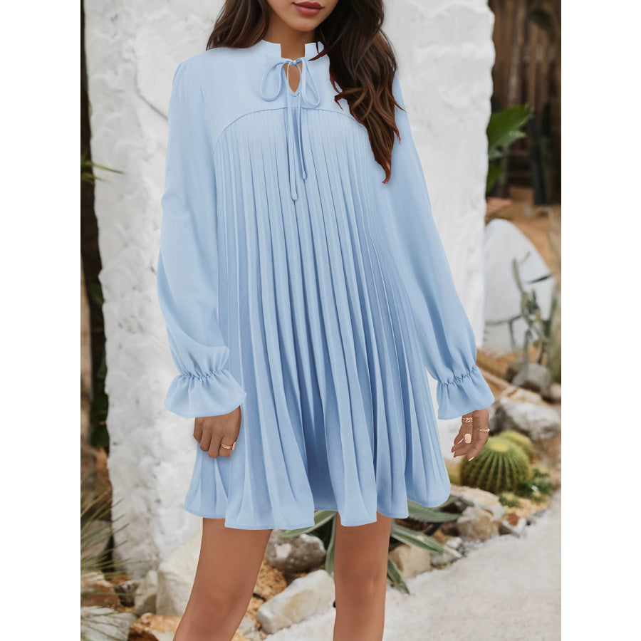 Tie Neck Flounce Sleeve Mini Dress Light Blue / S Apparel and Accessories