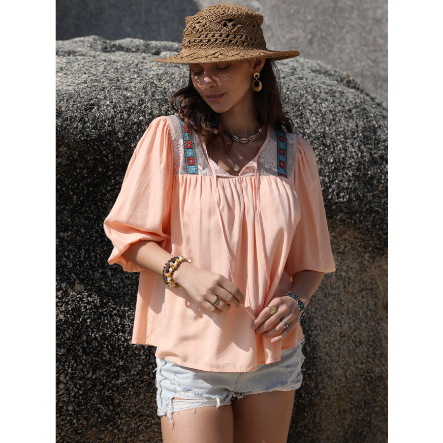 Tie Neck Half Sleeve Blouse Apparel and Accessories