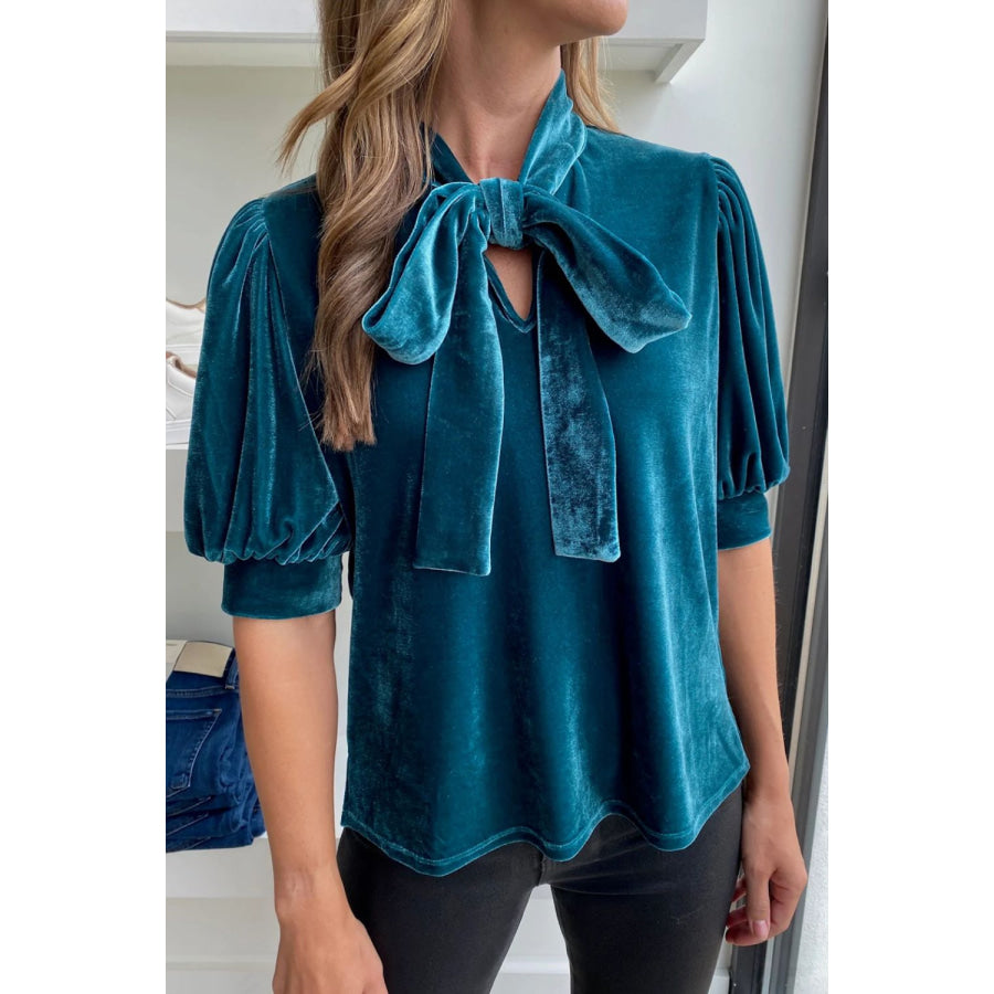 Tie Neck Half Sleeve Blouse Apparel and Accessories