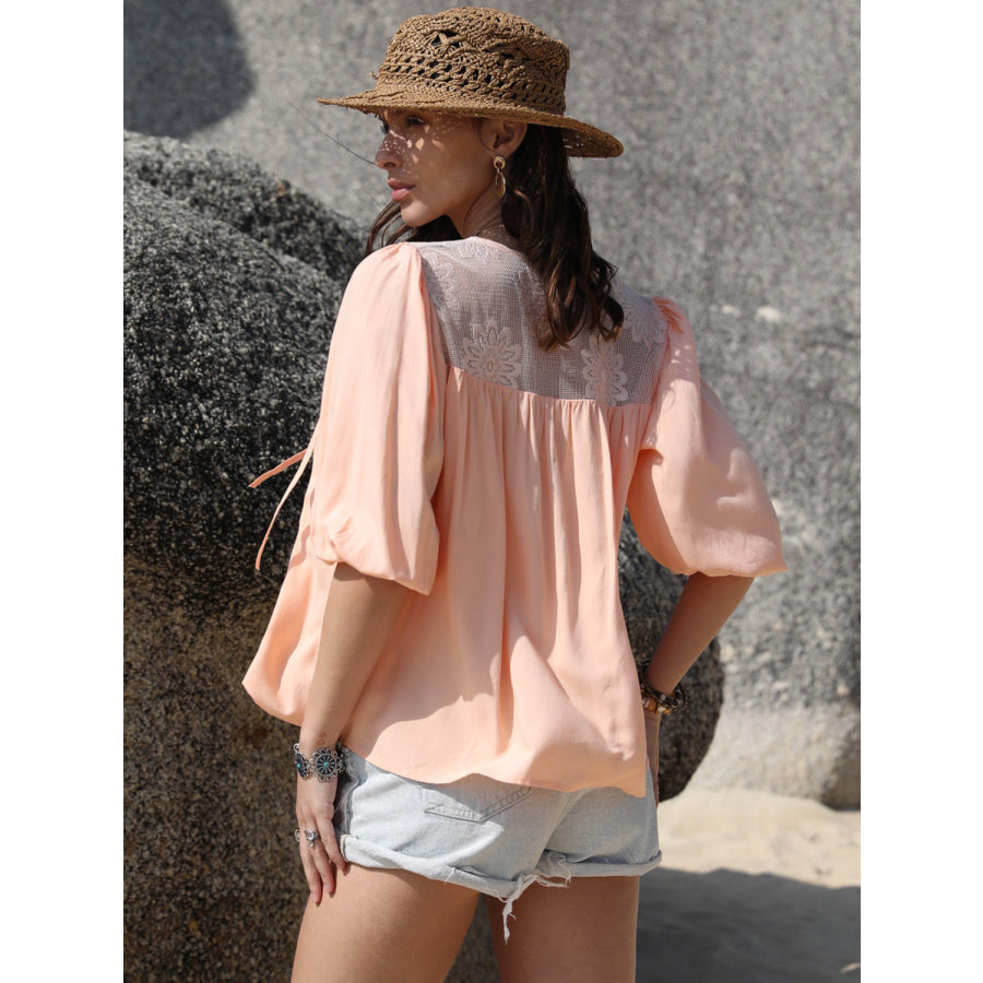 Tie Neck Half Sleeve Blouse Watermelon pink / S Apparel and Accessories