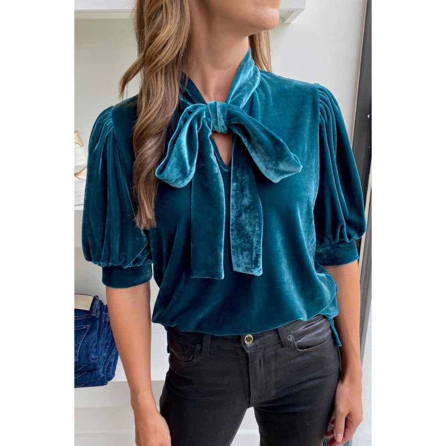 Tie Neck Half Sleeve Blouse Deep Teal / S Apparel and Accessories