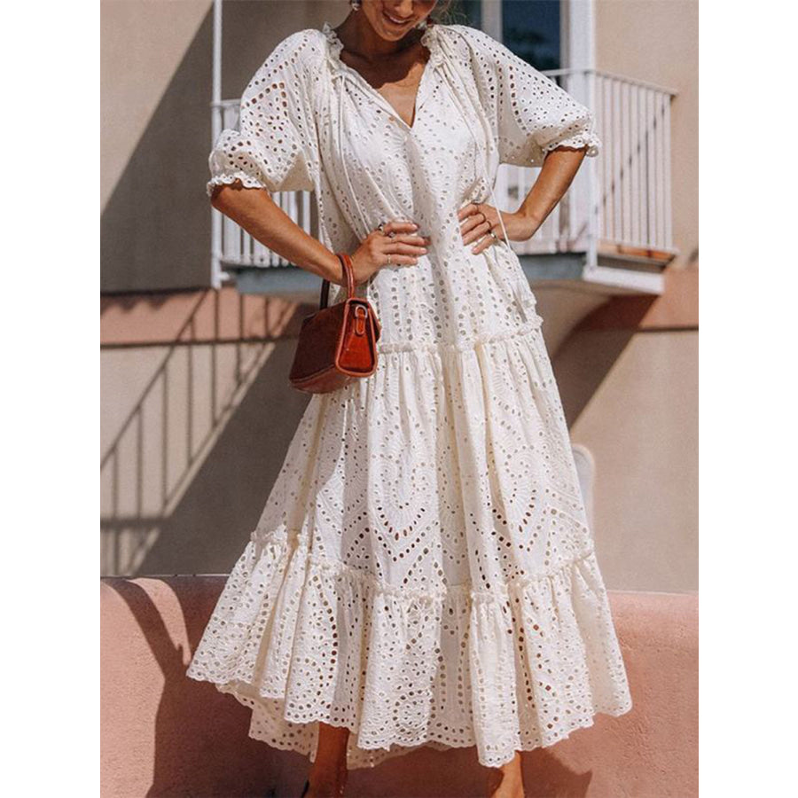 Tie Neck Half Sleeve Tiered Dress Ivory / S Apparel and Accessories