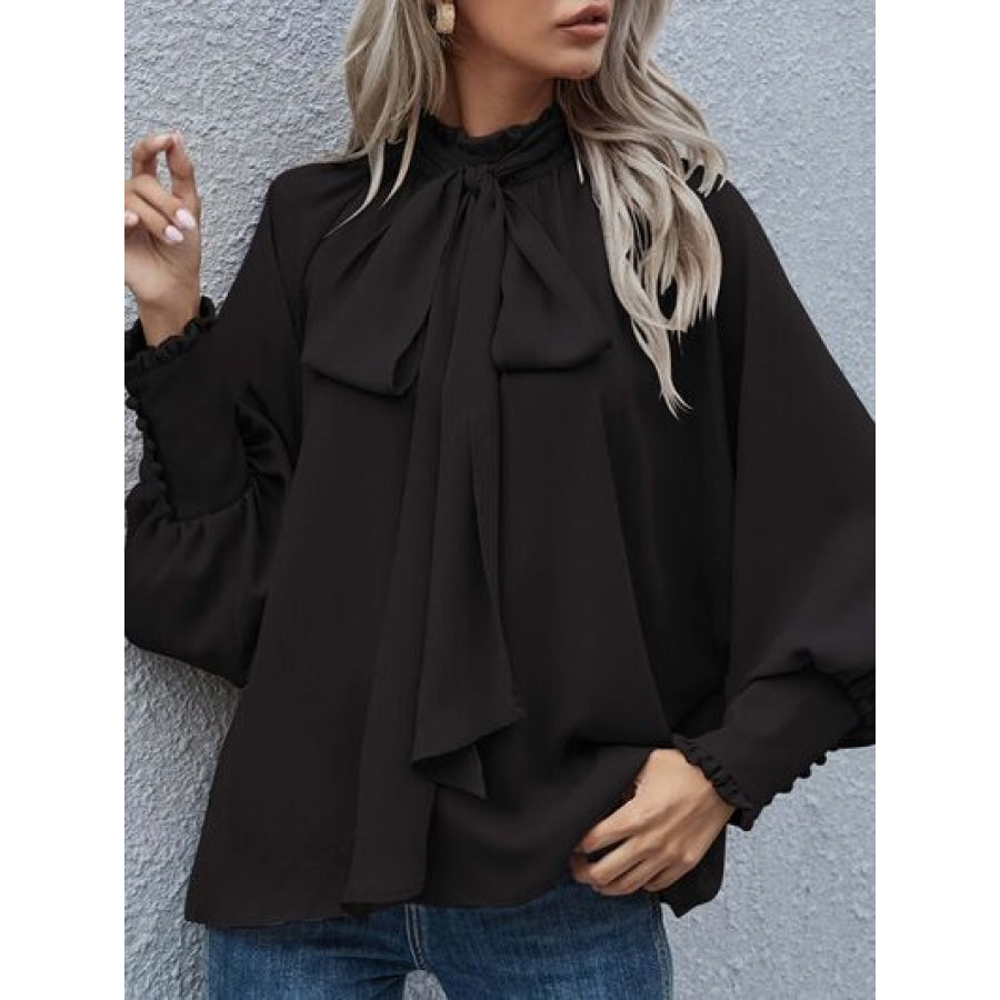 Tie Neck Lantern Sleeve Blouse Black / S Clothing