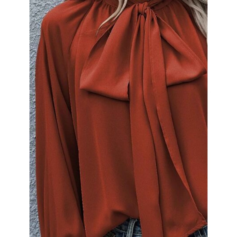 Tie Neck Lantern Sleeve Blouse Clothing