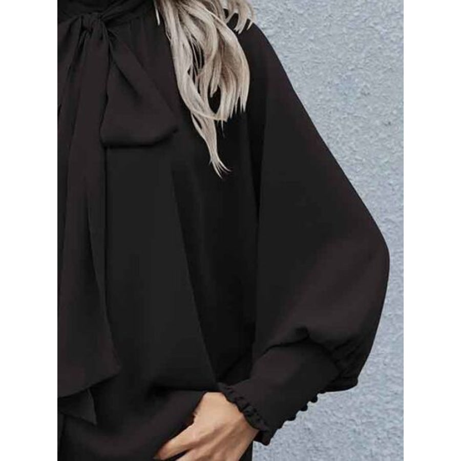 Tie Neck Lantern Sleeve Blouse Clothing