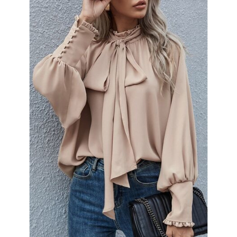 Tie Neck Lantern Sleeve Blouse Sand / S Clothing