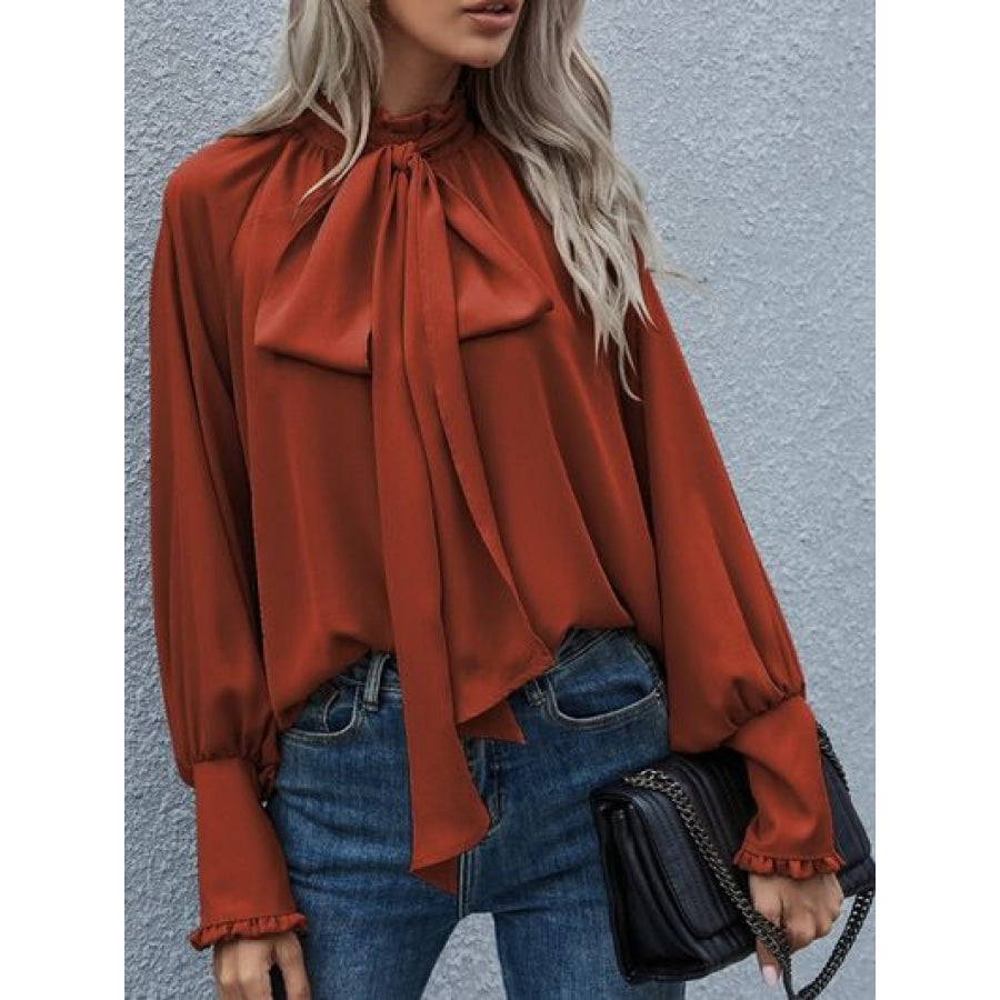 Tie Neck Lantern Sleeve Blouse Wine / S Clothing