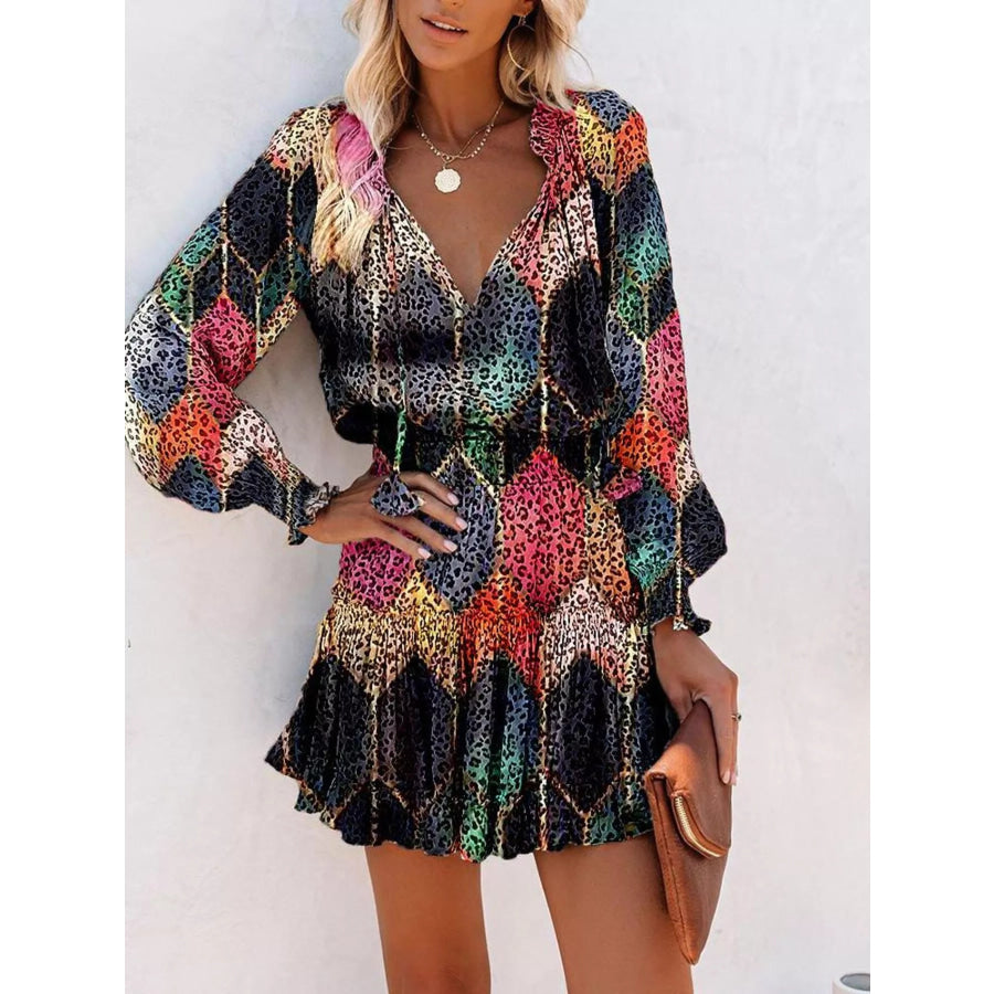 Tie Neck Lantern Sleeve Dress Black Leopard / S Apparel and Accessories