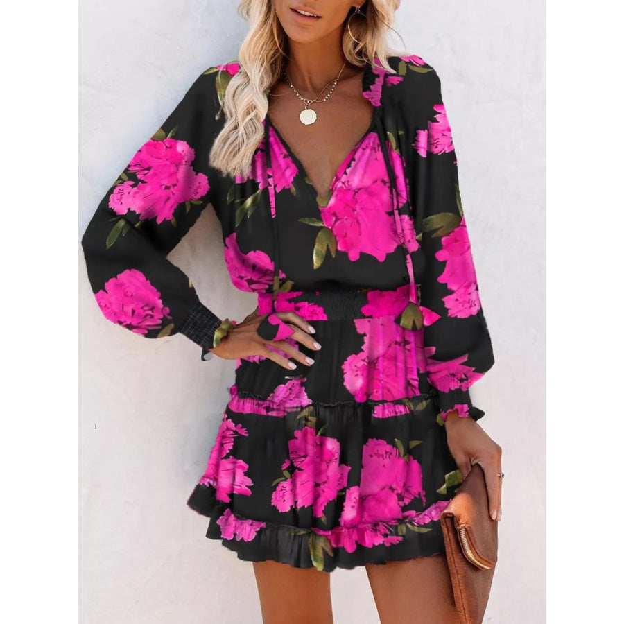 Tie Neck Lantern Sleeve Dress Black / S Apparel and Accessories