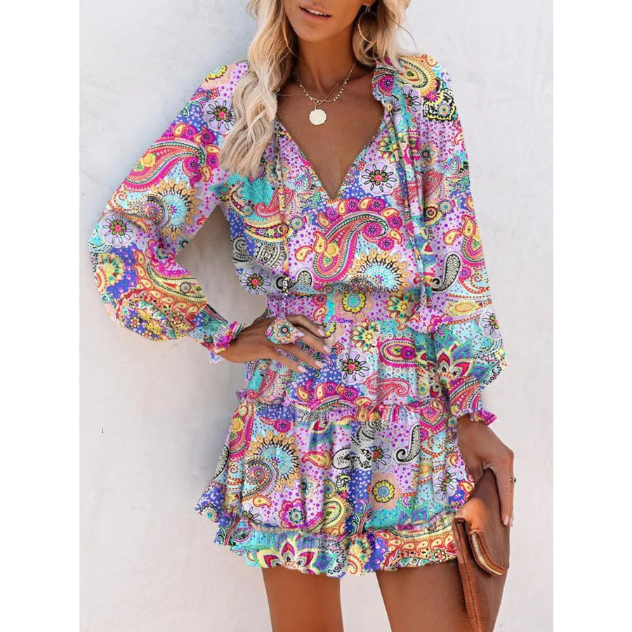Tie Neck Lantern Sleeve Dress Pink Purple / S Apparel and Accessories