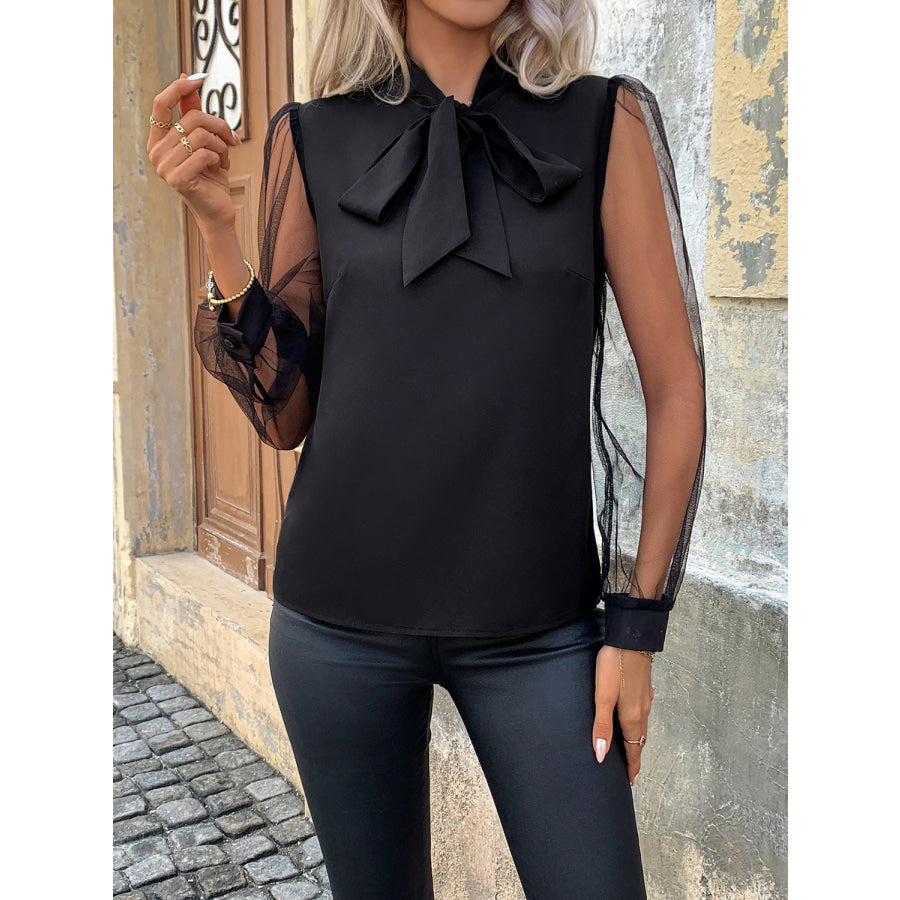 Tie Neck Long Sleeve Blouse Black / S Apparel and Accessories