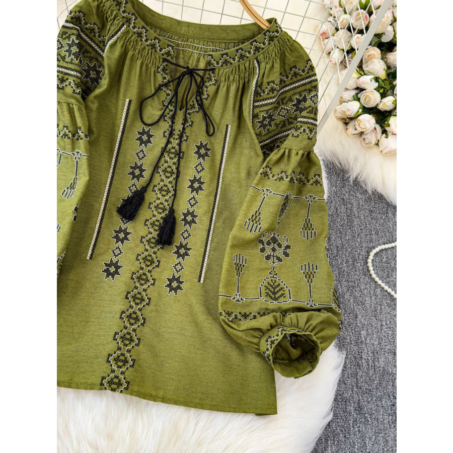 Tie Neck Long Sleeve Blouse Green / One Size Apparel and Accessories