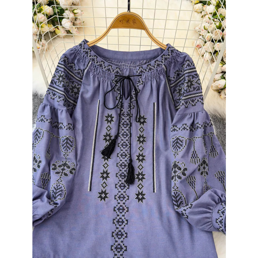 Tie Neck Long Sleeve Blouse Purple / One Size Apparel and Accessories