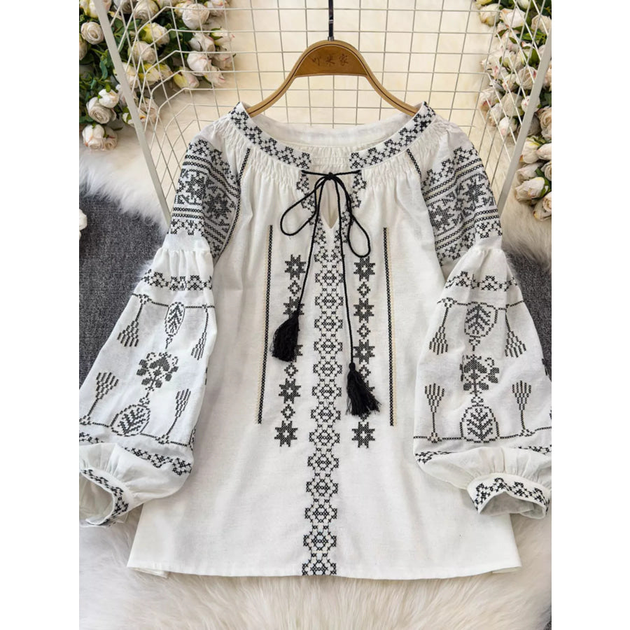 Tie Neck Long Sleeve Blouse White / One Size Apparel and Accessories