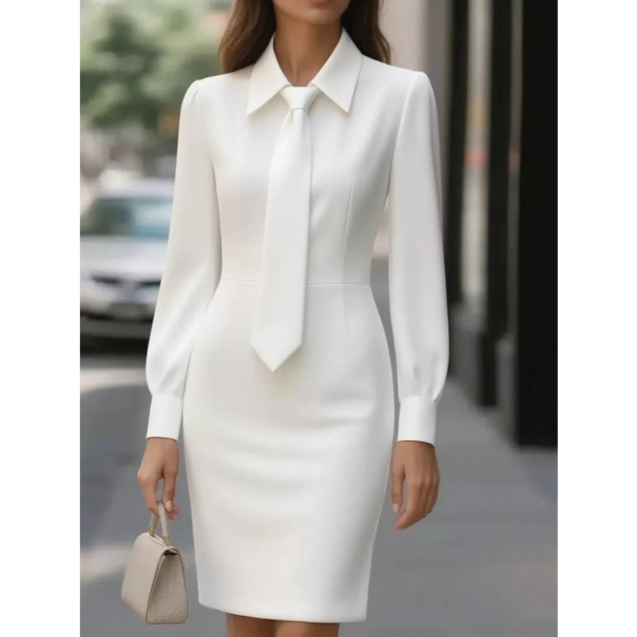 Tie-Neck Long Sleeve Dress White / S Apparel and Accessories