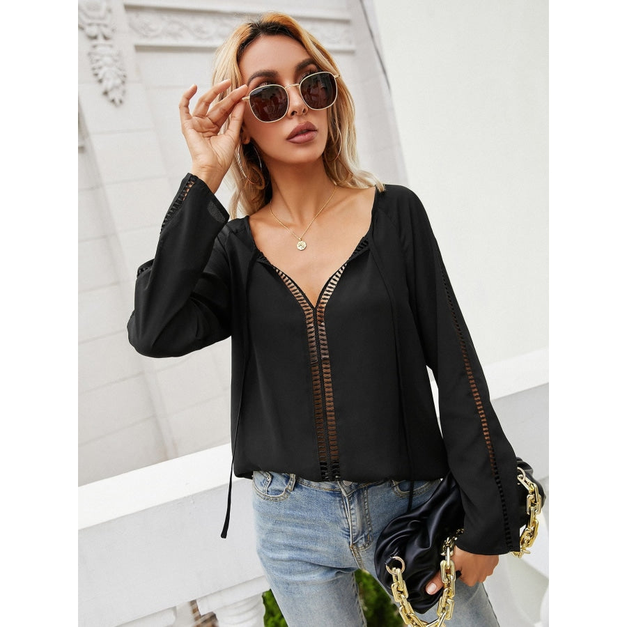 Tie Neck Long Sleeve Semi-Sheer Blouse Black / S