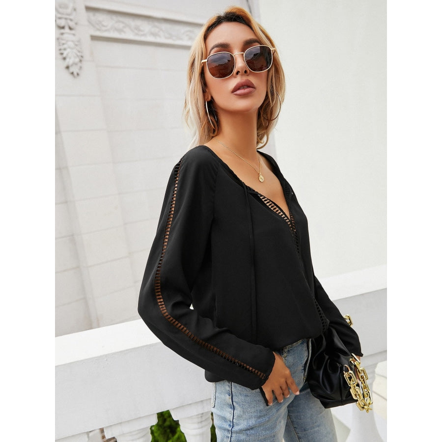 Tie Neck Long Sleeve Semi-Sheer Blouse