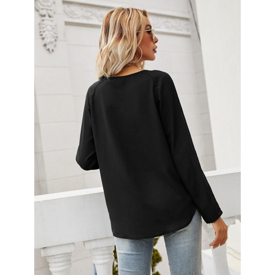 Tie Neck Long Sleeve Semi-Sheer Blouse