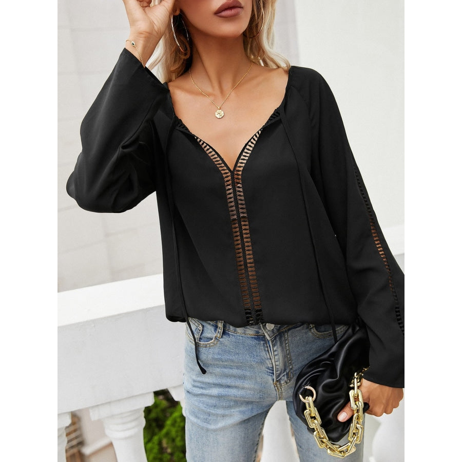 Tie Neck Long Sleeve Semi-Sheer Blouse