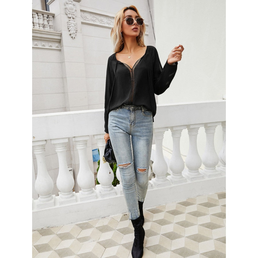 Tie Neck Long Sleeve Semi-Sheer Blouse