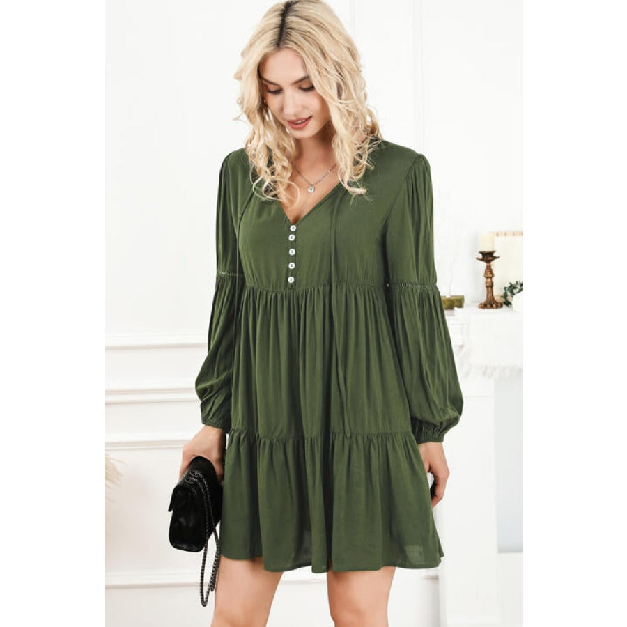 Tie Neck Long Sleeve Tiered Dress Clothing