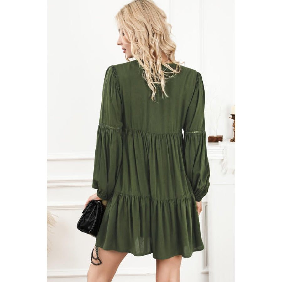 Tie Neck Long Sleeve Tiered Dress Clothing