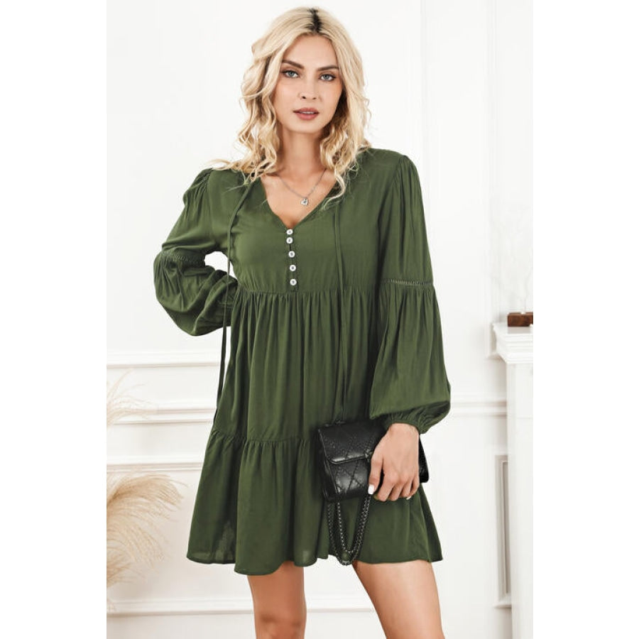 Tie Neck Long Sleeve Tiered Dress Moss / S Clothing