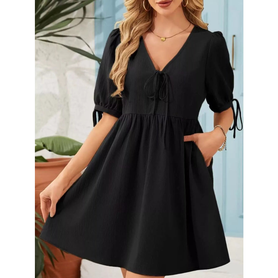 Tie-Neck Puff Sleeve A-Line Mini Dress Apparel and Accessories