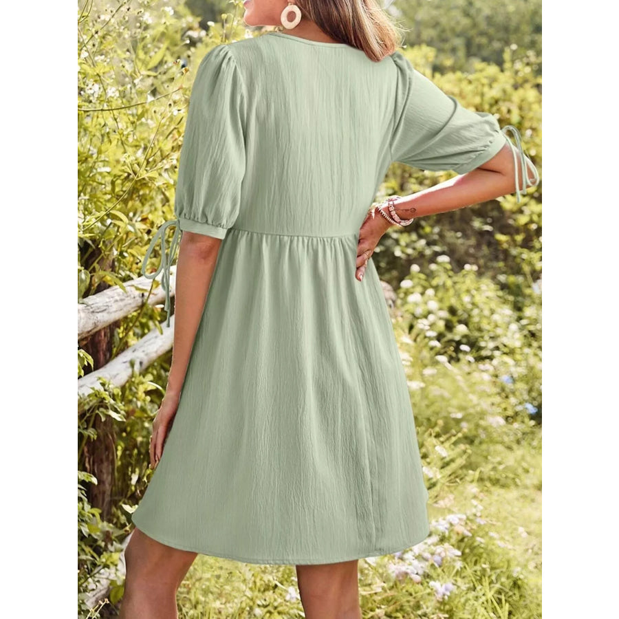 Tie-Neck Puff Sleeve A-Line Mini Dress Apparel and Accessories