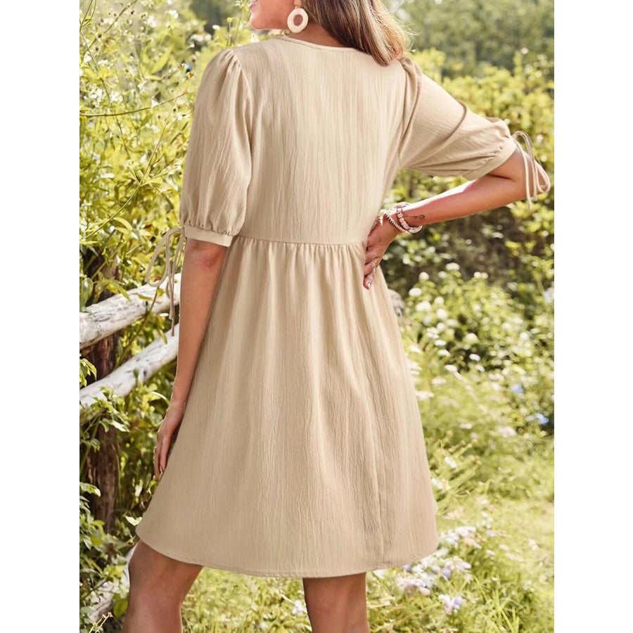 Tie-Neck Puff Sleeve A-Line Mini Dress Apparel and Accessories